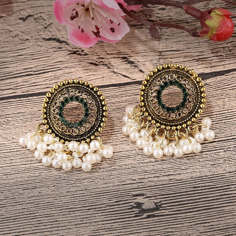 Hemasa Gold Color Alloy Indian Earrings Egypt Jewelry Ethnic Women's Pearls Tassel Round Hollow Jhumka Earring Oorbellen