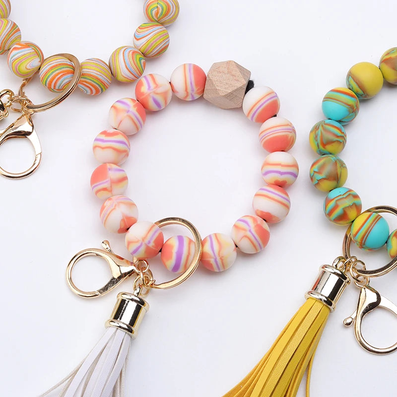 Hemasa  Silicone Bead Bracelet Tassel Keychain Colorful Stripes  Bead  Bag Key Pendant Gifts