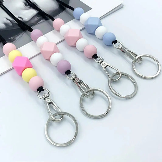 ID Badge Beaded Lanyard Adjustable Length Non-Rusting Reusable Silicone Beaded Breakaway Lanyard with Keychain