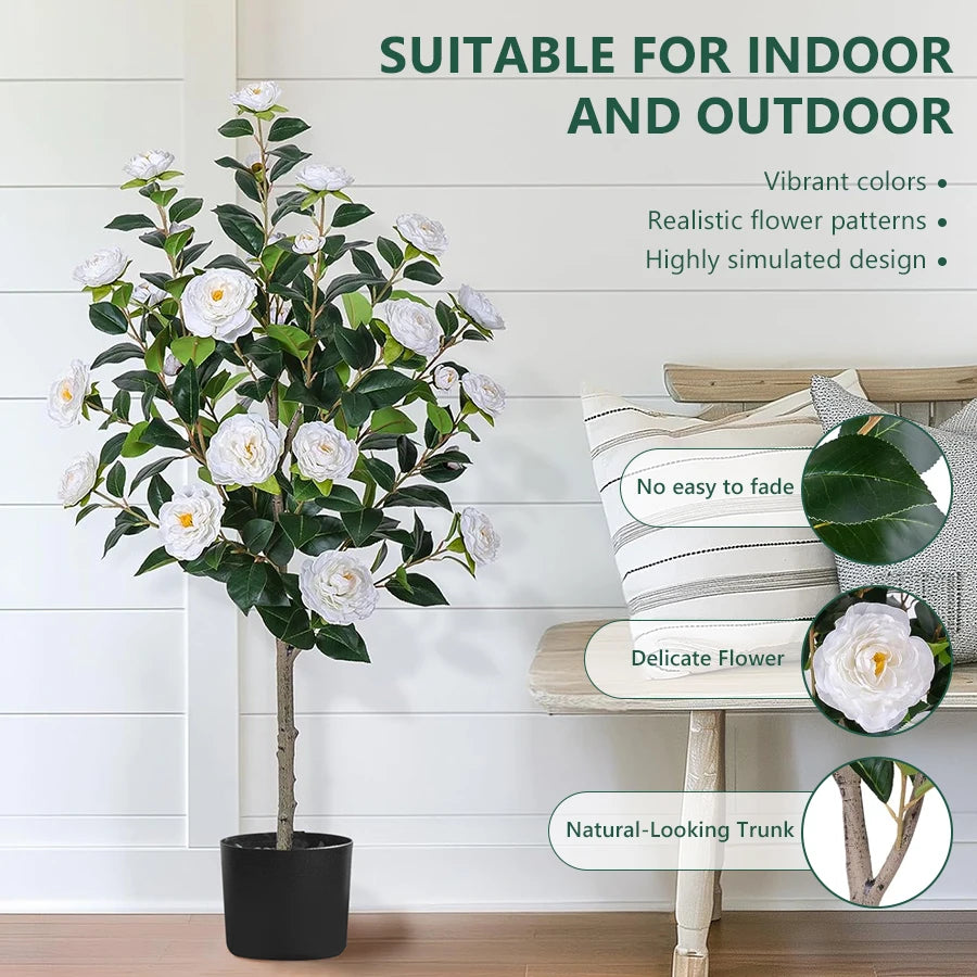 Tejesa Artificial Tree Artificial Camellia Tree 120cm/47.24in  Fake Bonsai Plant Removable Fake Flower Tree Party Christmas Home Decor