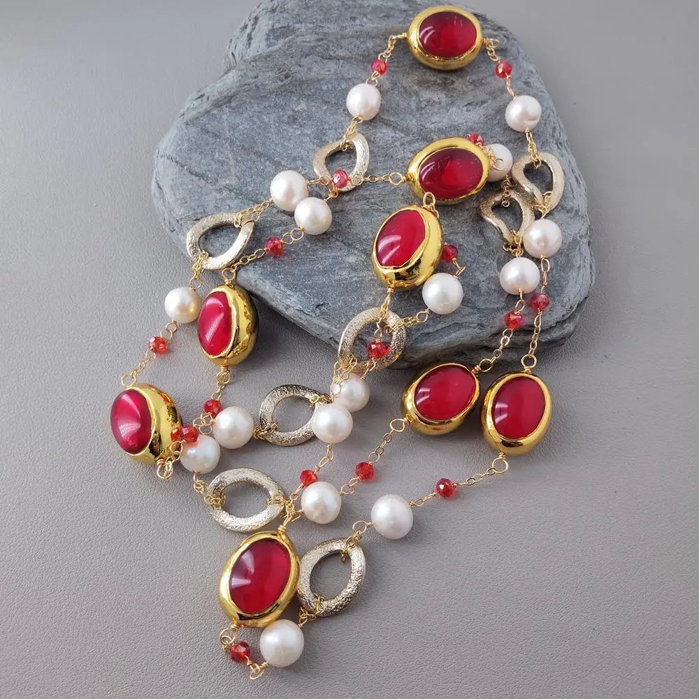 yygem 22x27mm Cultured White Pearl Red Quartz Chain Long Station Necklace Handmade