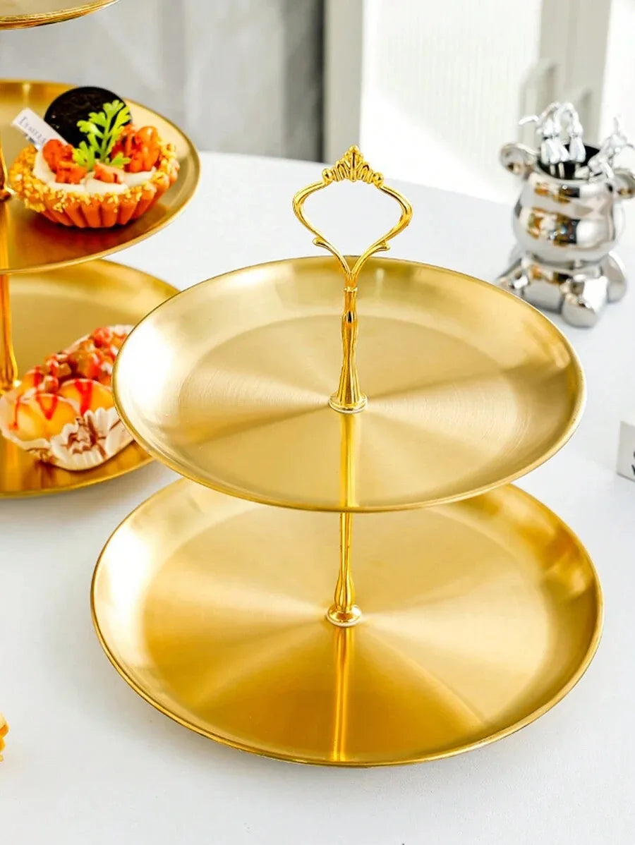 Tejesa 1/2pcs Stainless Steel Gold Dessert Tray, Multi-Tier Cake Stand, Cake Plate, Snack Platter, For Tea Party, Birthday, Wedding