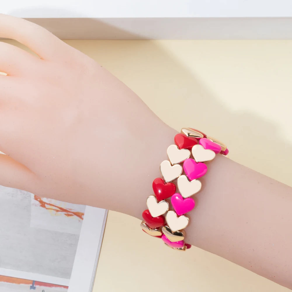 2024 New Arrival Enamel Heart Bead Bracelet Gold Color Elastic Bangle Set for Women Love Romantic Couple Jewelry Accessories