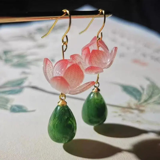 Unique Exquisite Lotus Earrings Elegant Pink Lotus Flower Drop Earrings Women Creative Statement Jewelry Wholesale Accessories