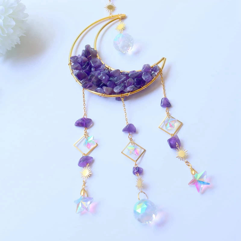 Crystal Suncatcher Hanging Moon Sun Light Catcher with Glass Prisms Natural Pink Crystal Decor Home Indoor Making Rainbows