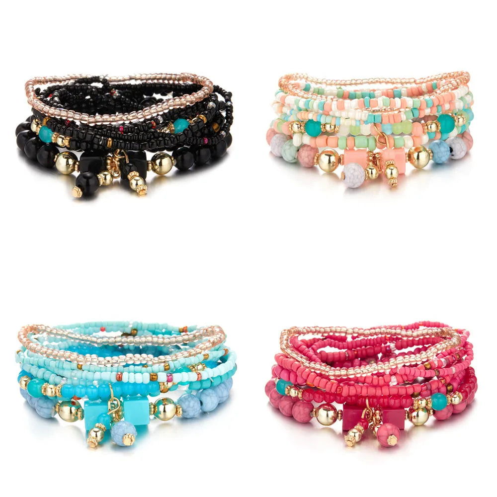 Bohemian Dopamine Colorful Beads Bracelet Set For Women Lady Handmade Elastic Multilayer Bangle Jewelry New Accessories
