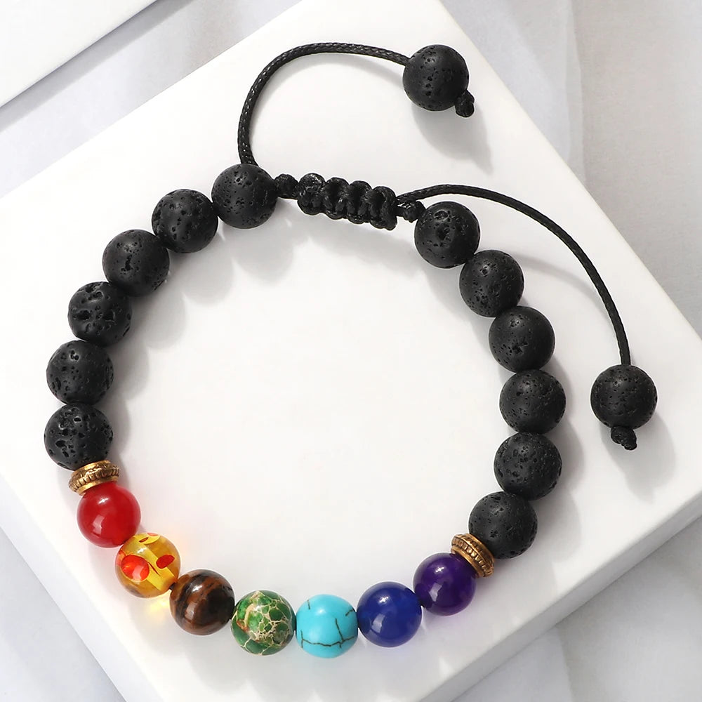Hemasa 7 Chakra Bracelet Men Black Lava Tiger Eye Stones Healing Balance Beads Reiki Buddha Prayer Natural Stone Yoga Bracelets Bangles
