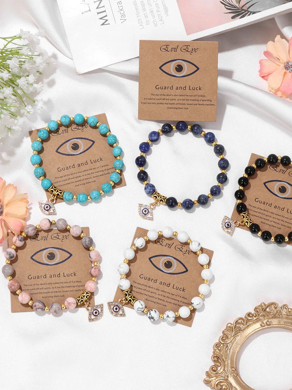 Lucky Turkish Evil Eye Pendant Beads Bracelet Natural Stone With Card Charm Bangles Men Women Fashion Friendship Jewelry Gift
