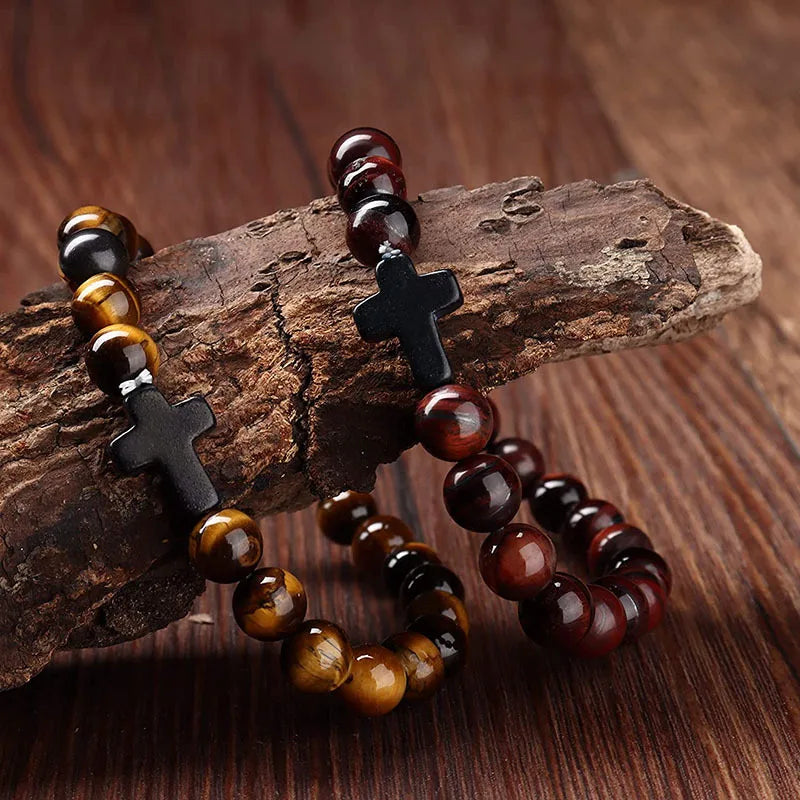 Hemasa Natural Stone Bead Cross Bracelet Onyx Meditation Bracelet