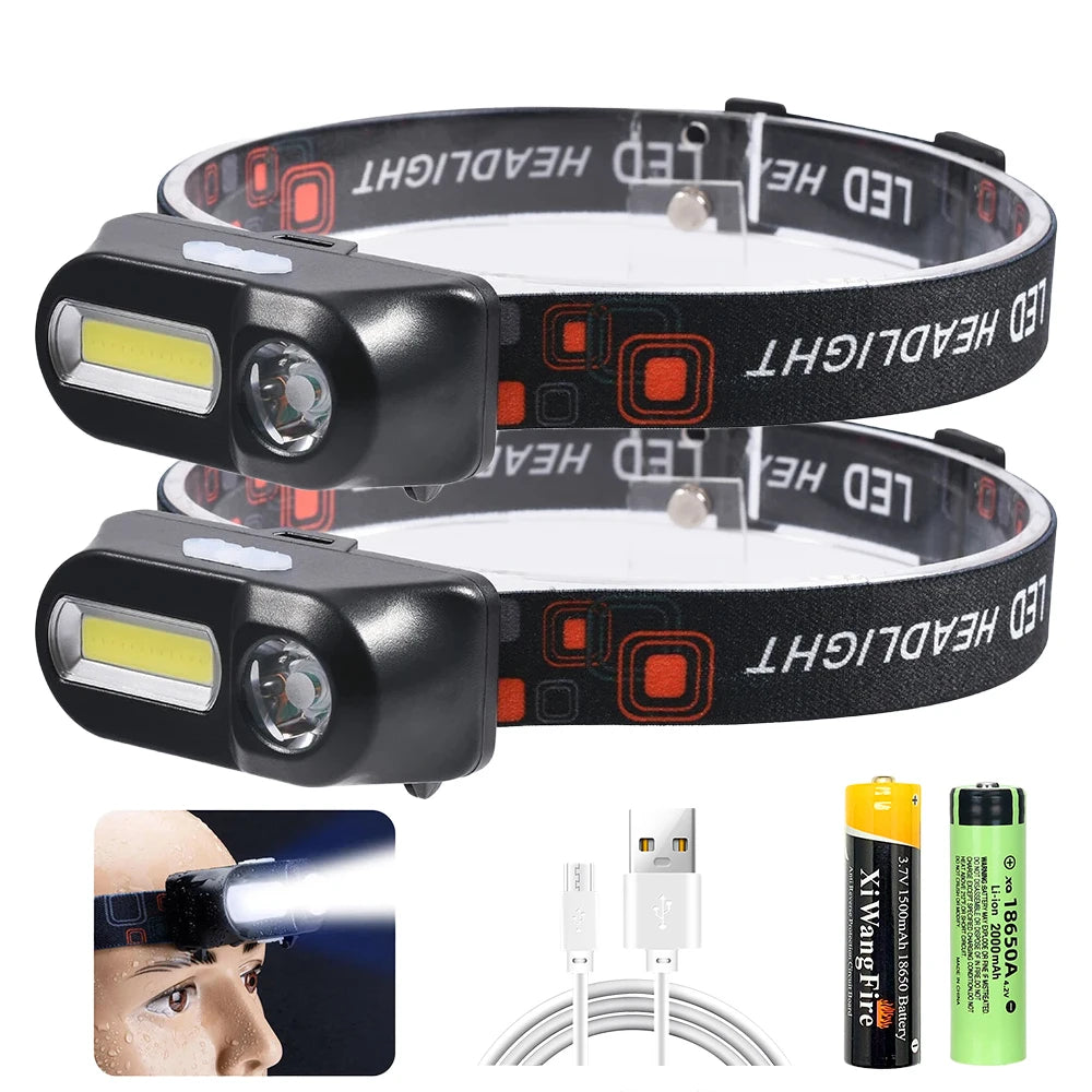 Hemasa Super Bright Mini LED Headlamp USB Rechargeable 18650 Battery Headlight Dual Light Source Outdoor Camping Hunting Head Lamp