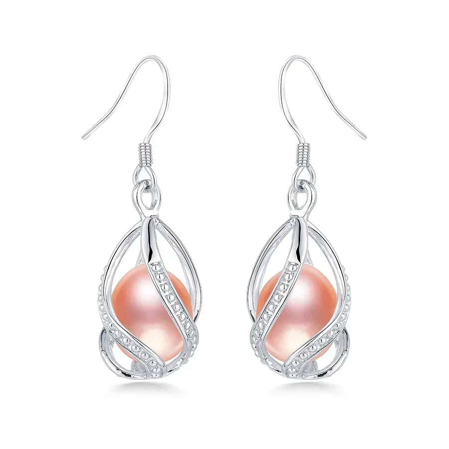 YWYC 7-8mm Natural Freshwater Pearl Drop Earrings Rice Shape Pearl In Cage 925 Silver Earrings for Women Jewelry Gift