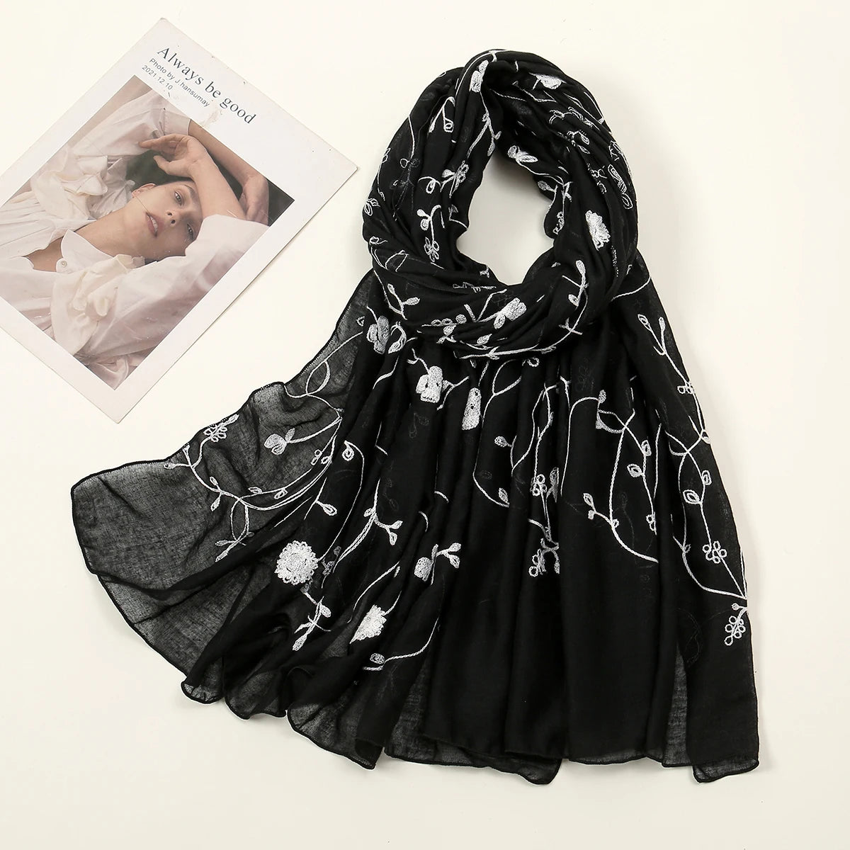 Plain Flower Embroidery Hijab Scarf Viscose Muslim Hijab Shawls Women Soft Long Towel Wraps Elegant Casual Heabscarf Turban