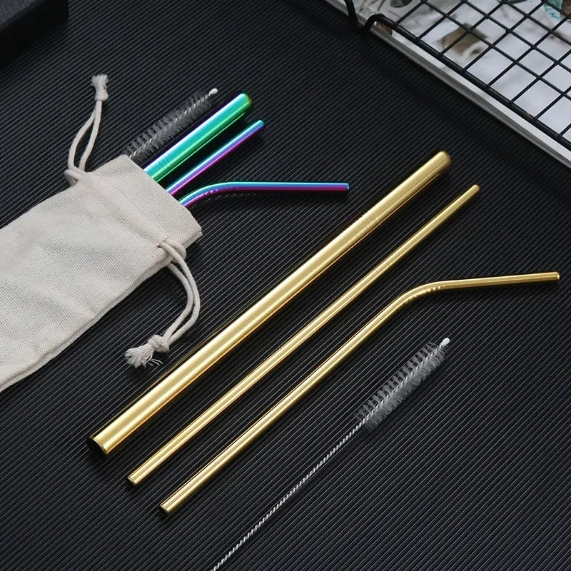 Metal Reusable 304 Stainless Steel Straws Straight Bent Drinking Straw With Case Cleaning Brush Set Party Bar accessory