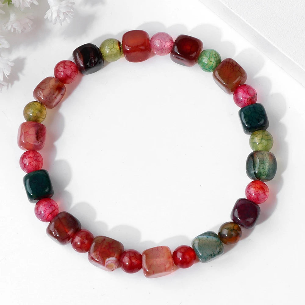 Square Tourmaline Agates Bracelets For Women Men 6mm Red Agates Round Spacer Beads Bracelet Handmade Stretch Meditation Bangles