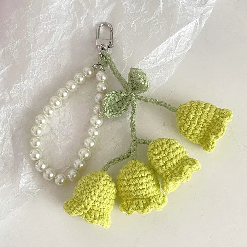 Hemasa 1pc Sweet Wool Crochet Lily Of The Valley Keychain Girls Pearl Chain Bag Pendant