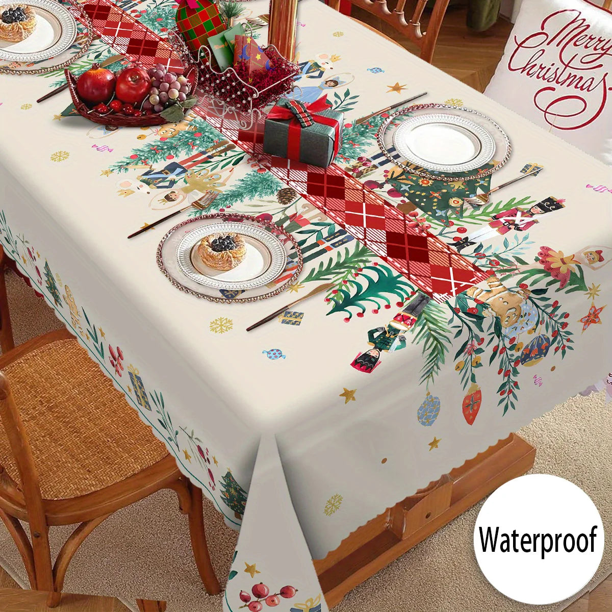 Tejesa Christmas Holly Waterproof Tablecloth Holiday Party Decor Reusable Xmas Rectangle Table Cloth Dining Room Table Decor