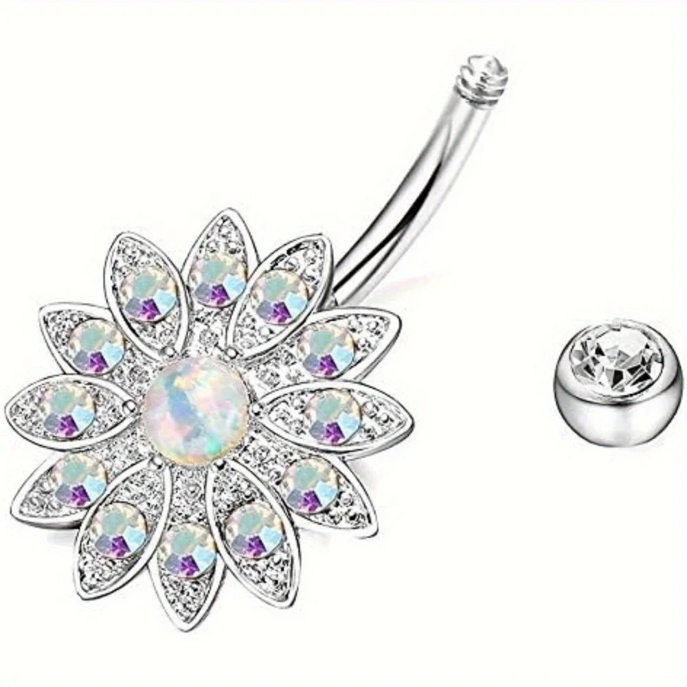 IRONBOX 1Pc 14G Stainless Steel Belly Button Rings Barbell Navel Ring Bar for Women and Men with CZ Flower Body Piercing Jewelry