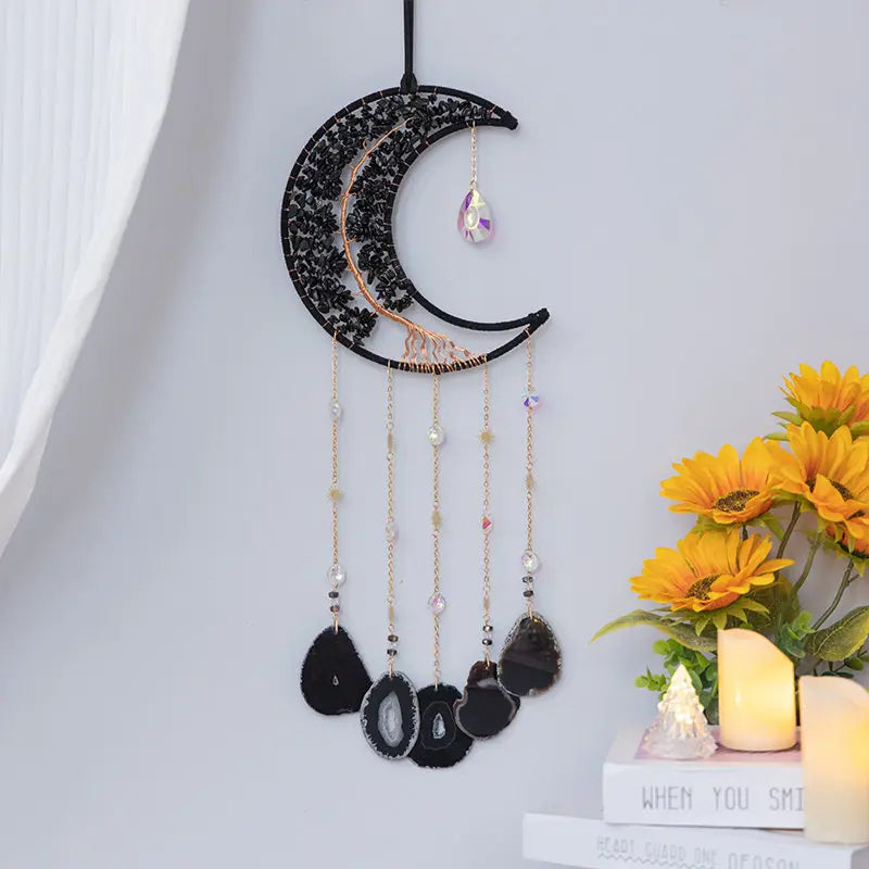 Hemasa Crystal Natural Gemstone Tree of Life Healing Pink Quartz 7 Chakras Grave Agate Stones Reiki Moon Suncatcher Hanging Home Decor