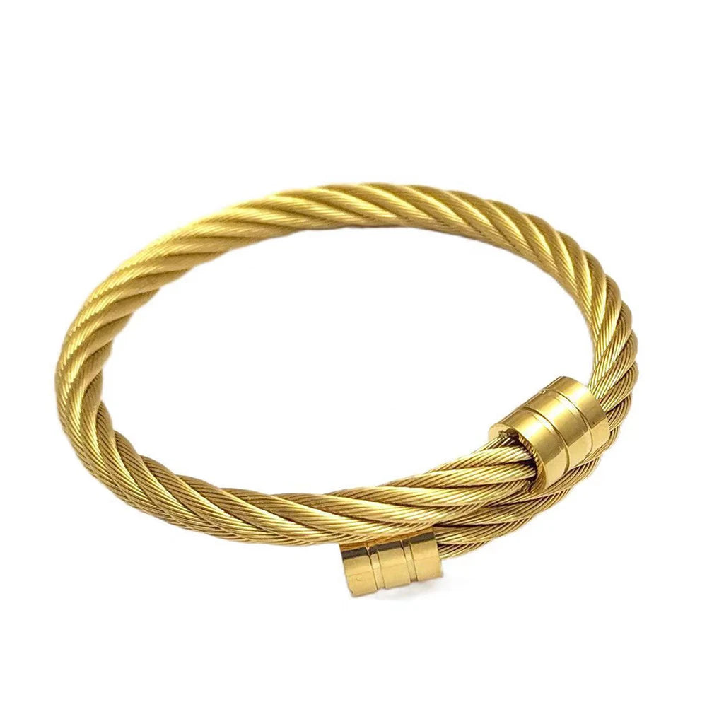 YUZZ 2023 New Popular Twist Wire Cuff Bracelets Stretch Stainless Steel Cable Bangles for Women Men Gold Color Punk Jewelry Gift