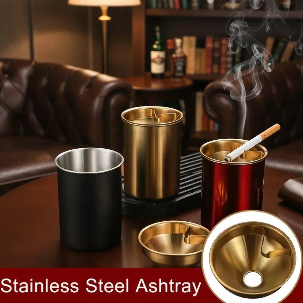 Premium Stainless Steel Ashtray with Lid. Windproof, Smokeless Design. Ideal for Cigars, Outdoor Patio & Indoor Home Use.