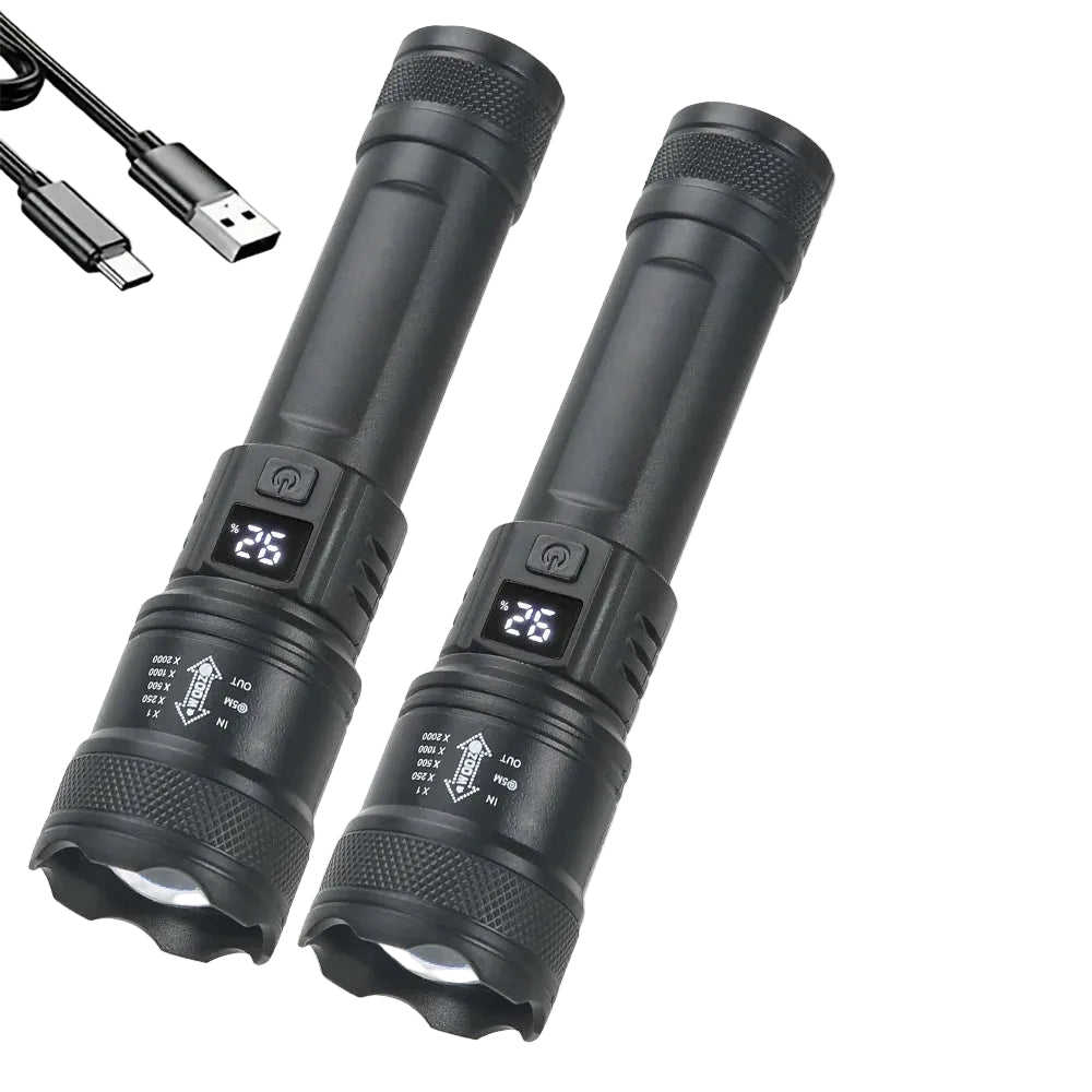 Hemasa LED Flashlight USB Rechargeable Torch with Display Zoomable Light with Battery Camping Hiking Lantern Emergency Lamp