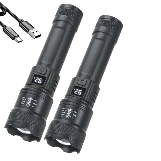 Hemasa LED Flashlight USB Rechargeable Torch with Display Zoomable Light with Battery Camping Hiking Lantern Emergency Lamp