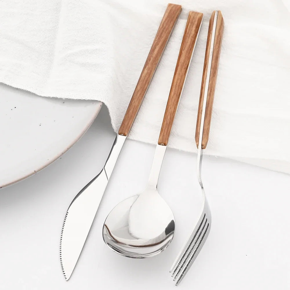Hemasa 16/24/30Pcs Stainless Steel  Wooden Handle Cutlery Set Dinnerware Clamp Western Tableware Knife Fork Tea Spoon