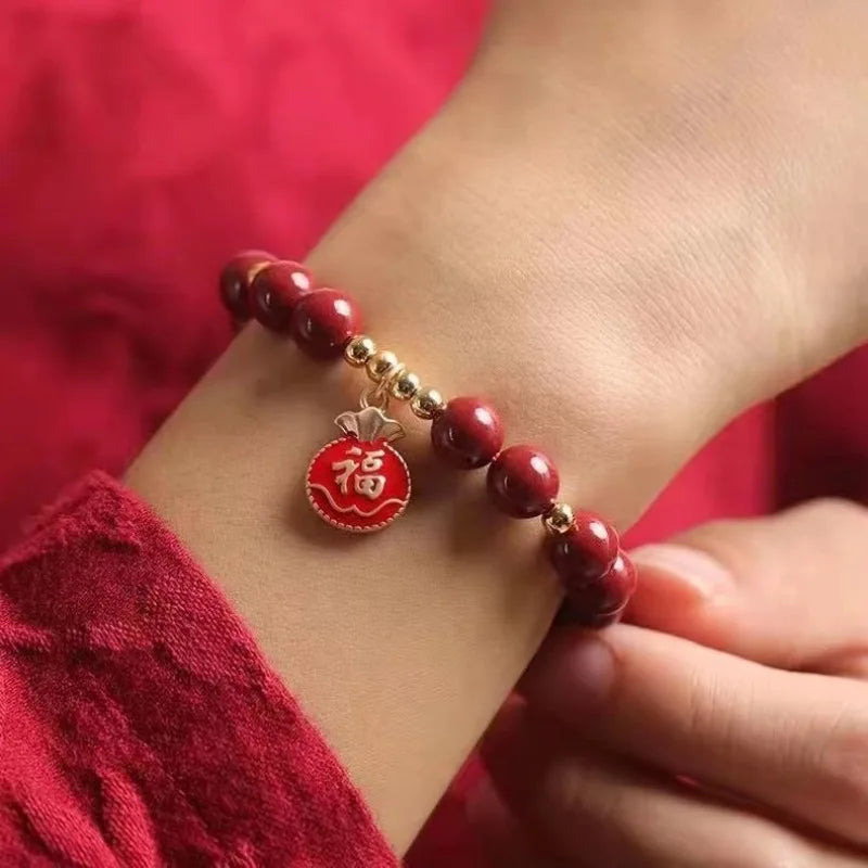 Natural Red Cinnabar 6mm Bead Blessing Bag Bracelet Elastic Bangle Tassels Fashion Charm Jewelry Wholesale Amulet Gift for Women