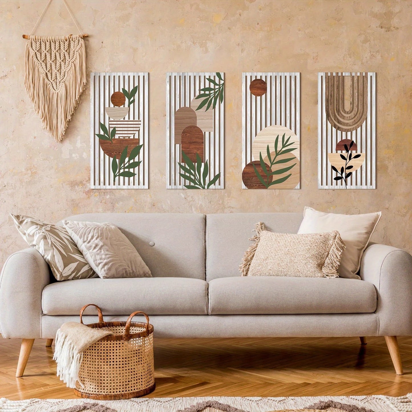 Hemasa 40cmBoho style 4pcs 2D Flat Wooden Wall Art Abstract Geometry Sun Rainbow Pattern Suitable Living Room Bedroom Office Decoration