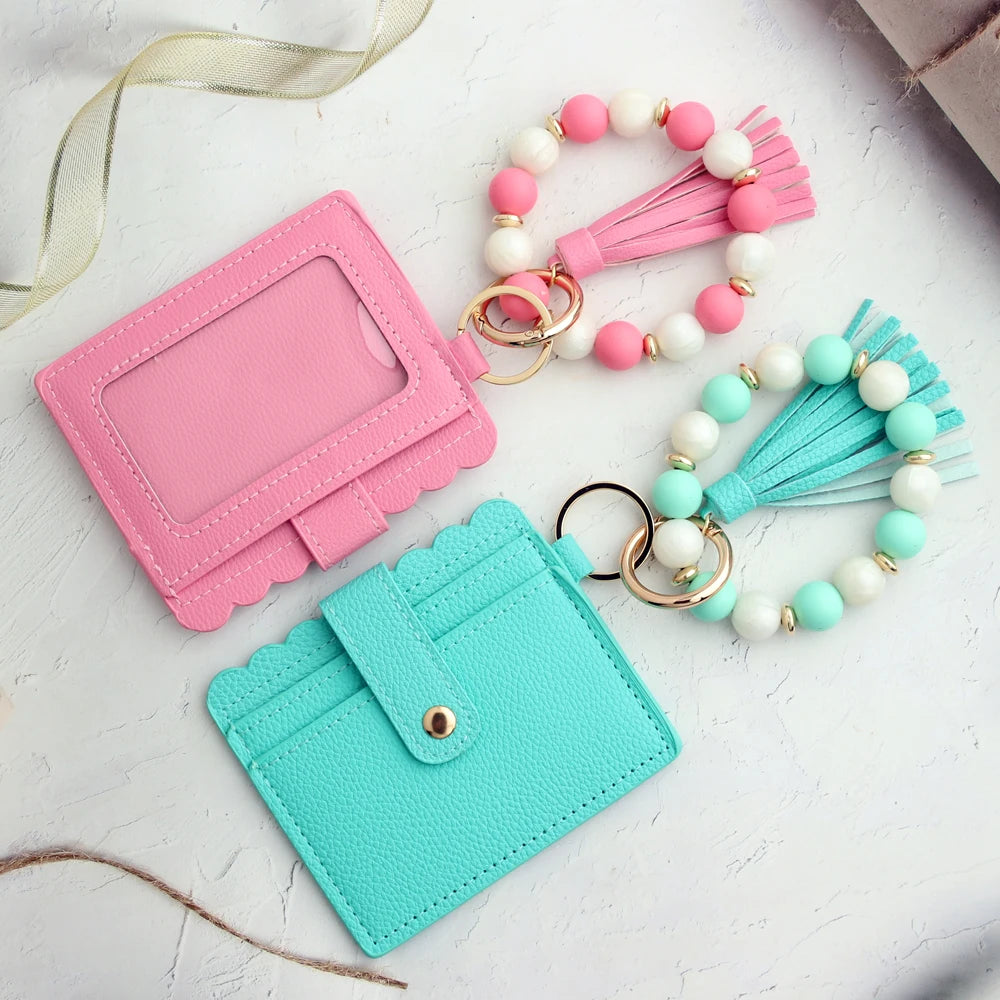 Hemasa Silicone Bead Bracelet  Leather Card Bag Wristlet Keychain Silicone Beaded Bracelet Leather Tassel Wallet Bangle