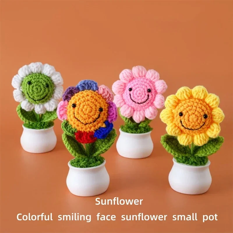 Hemasa Crochet Sunflowers Pot Creative Knitted Flowers Artificial Flower Hand Woven Finished Plant Car Desktop Decor Gift