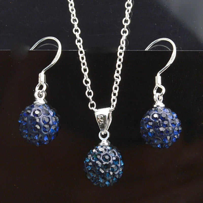 Brand Female Jewelry Set Women's Fashion Ab White Crystal 10mm Ball Drop Earrings Necklace Pendant Set Silver Color Wholesale