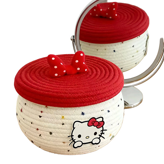 Tejesa Cute Kit  Storage Box with Lid Bowknot Cotton Rope Woven Basket Cosmetic Organizer for Girls Home Storage Supplies