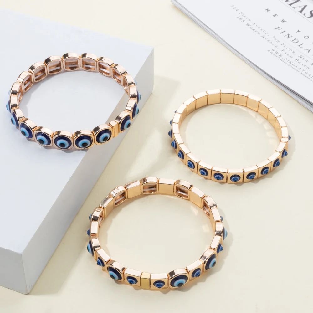 2024 New Fashion Devil Eye Bangle For Women Inlaid Charm Gold Color Elastic Bracelets Accessory