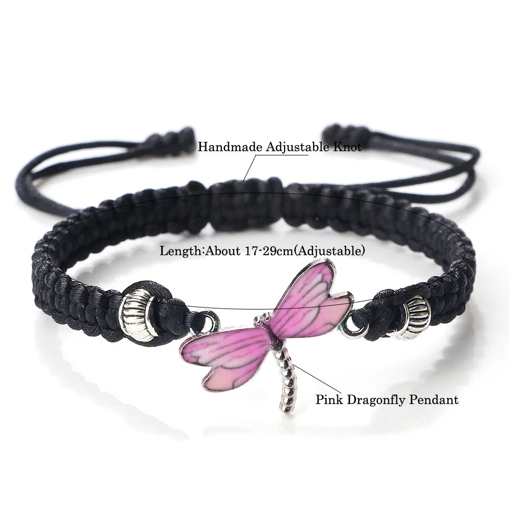 Handmade Weave Lucky Rope Bracelets For Women Pink Dragonfly Pendant Bracelets Men Adjustable Size Bangles Couples Wrist Jewelry