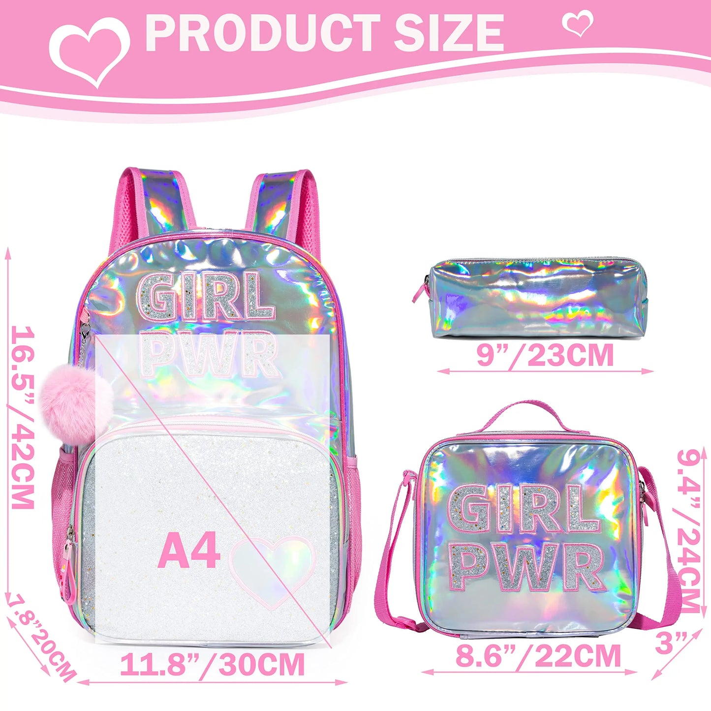 Backpack for Girls School Backpacks Kids Clear Bookbag for Elementary Kindergarten Students Full Size Travel Bag with Lunch Box