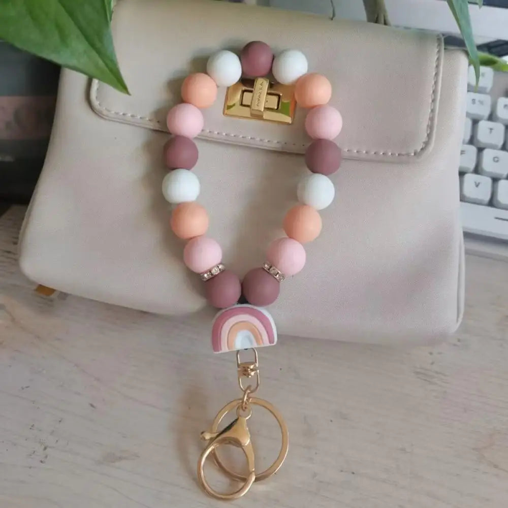 Hemasa  Silicone Rainbow Beads Keychain  for  Women /Girl Lobster Buckle Bracelet Keyring Jewelry For Car Bag Key Chain
