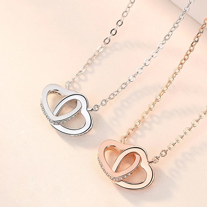 Hot Sale Fashion Double Love Heart Zircon Pendant Necklace 925 Sterling Silver Rose Gold Rhinestone Necklaces Women Jewelry Gift