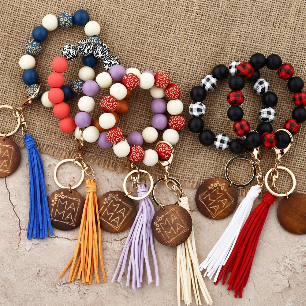 Hemasa Silicon Beads MAMA Monogram Wood Blank Wooden Disc Bracelet Tassel Keychain Wristlet Gift for Her Key Ring