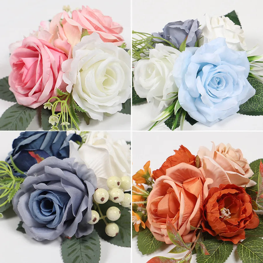 Tejesa 3pcs Pre-made Cake Flowers Toppers Blue White Rustic Boho Wedding Birthday Silk Cake Decoration Flower Party Supplies