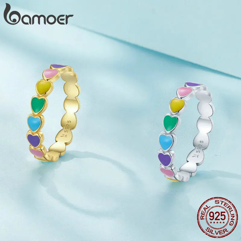 BAMOER 925 Sterling Silver Cute Rainbow Heart Finger Ring for Women Stackable Silver Ring with Mini Hearts Trendy Jewelry SCR444