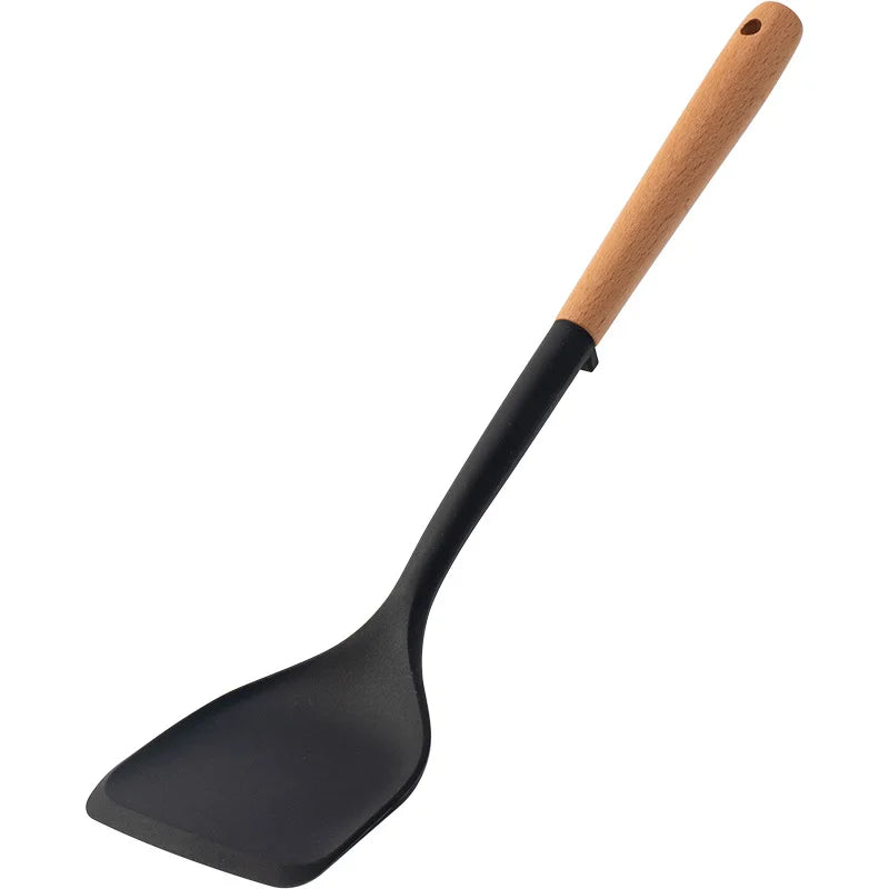 Hemasa 5Pcs Black Silicone Wooden Handle Cooking Tool Non-stick Kitchen Utensils /Silicone Spatula Baking Kitchen Spoons
