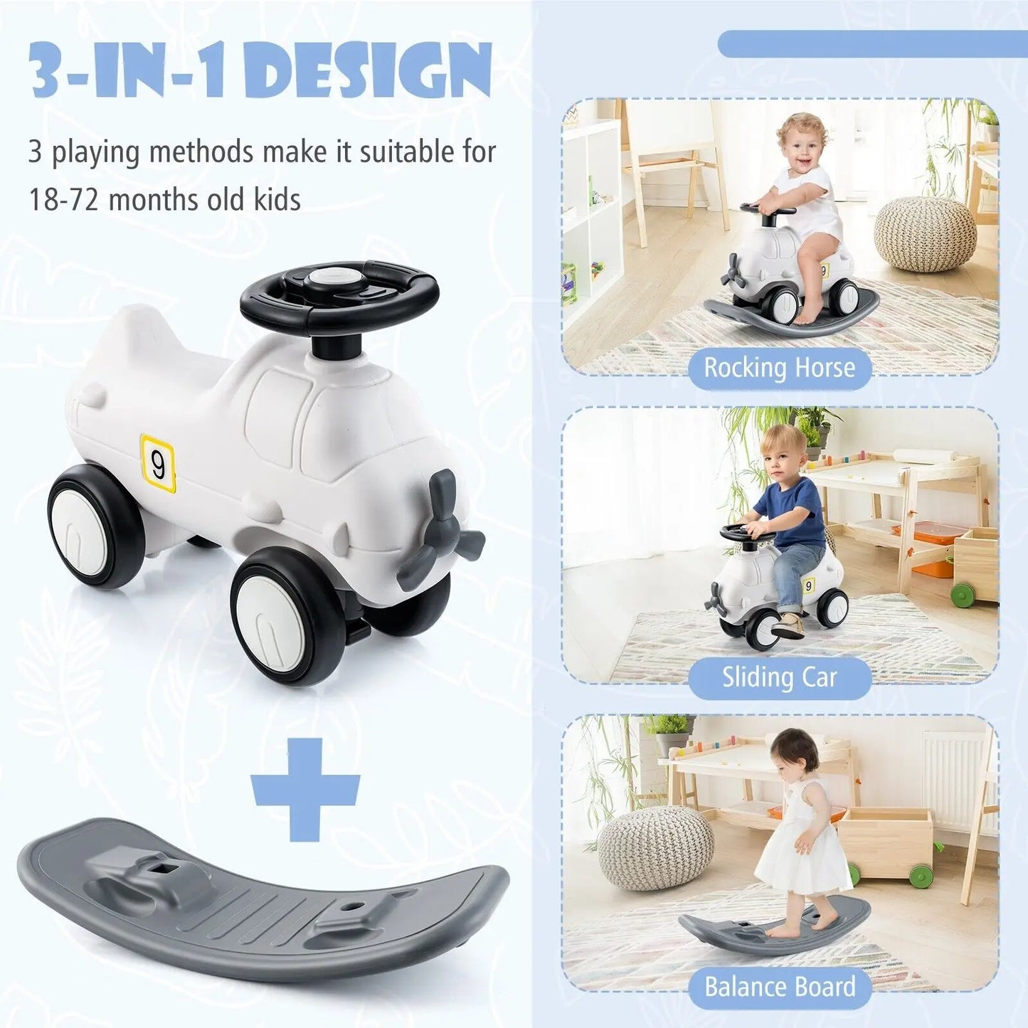 DORTALA 3-in-1 Toddler Rocking Horse Sliding Car Ride On Toy W/ Detachable Balance Board