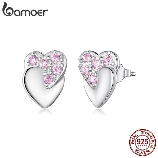 BAMOER 925 Sterling Silver Double Heart Stud Earrings Pink Zircons Earrings Hypoallergenic for Women Teens Valentine's Gift