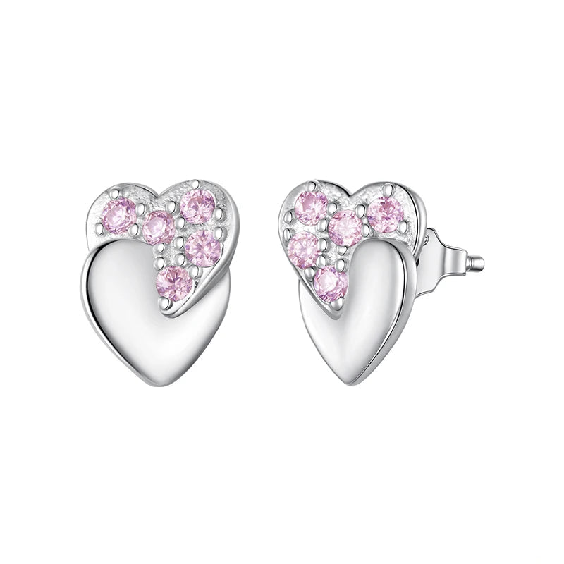 Tejesa 925 Sterling Silver Double Heart Stud Earrings Pink Zircons Earrings Hypoallergenic for Women Teens Valentine's Gift