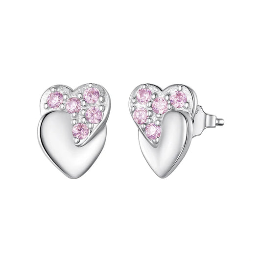 Tejesa 925 Sterling Silver Double Heart Stud Earrings Pink Zircons Earrings Hypoallergenic for Women Teens Valentine's Gift
