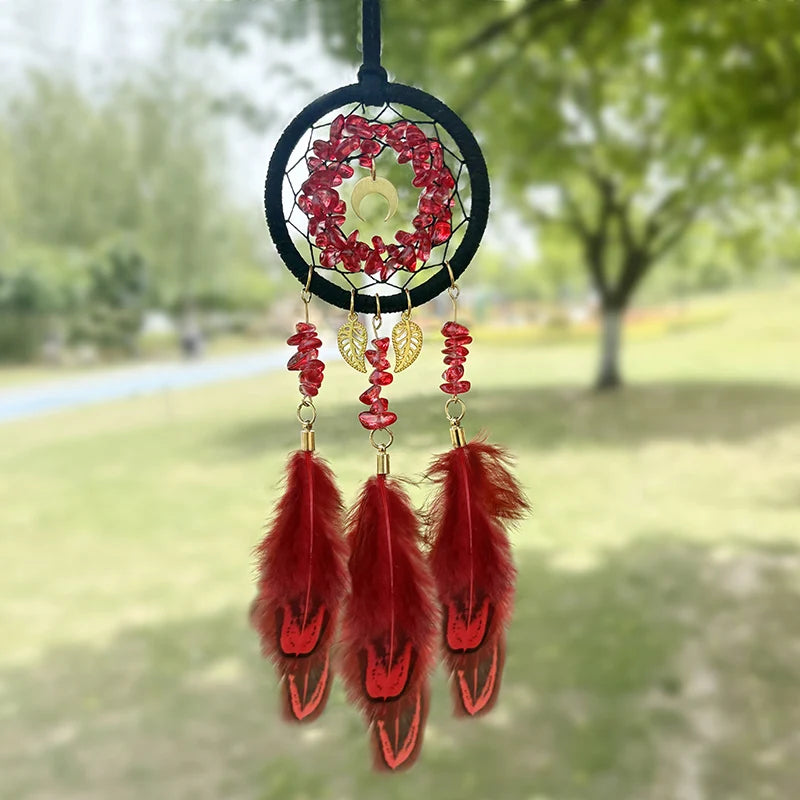 Hemasa Red Colour Crystal Stone Red Feather Wind Chime  Dream Catcher  for Car Pendant Creative Bedroom