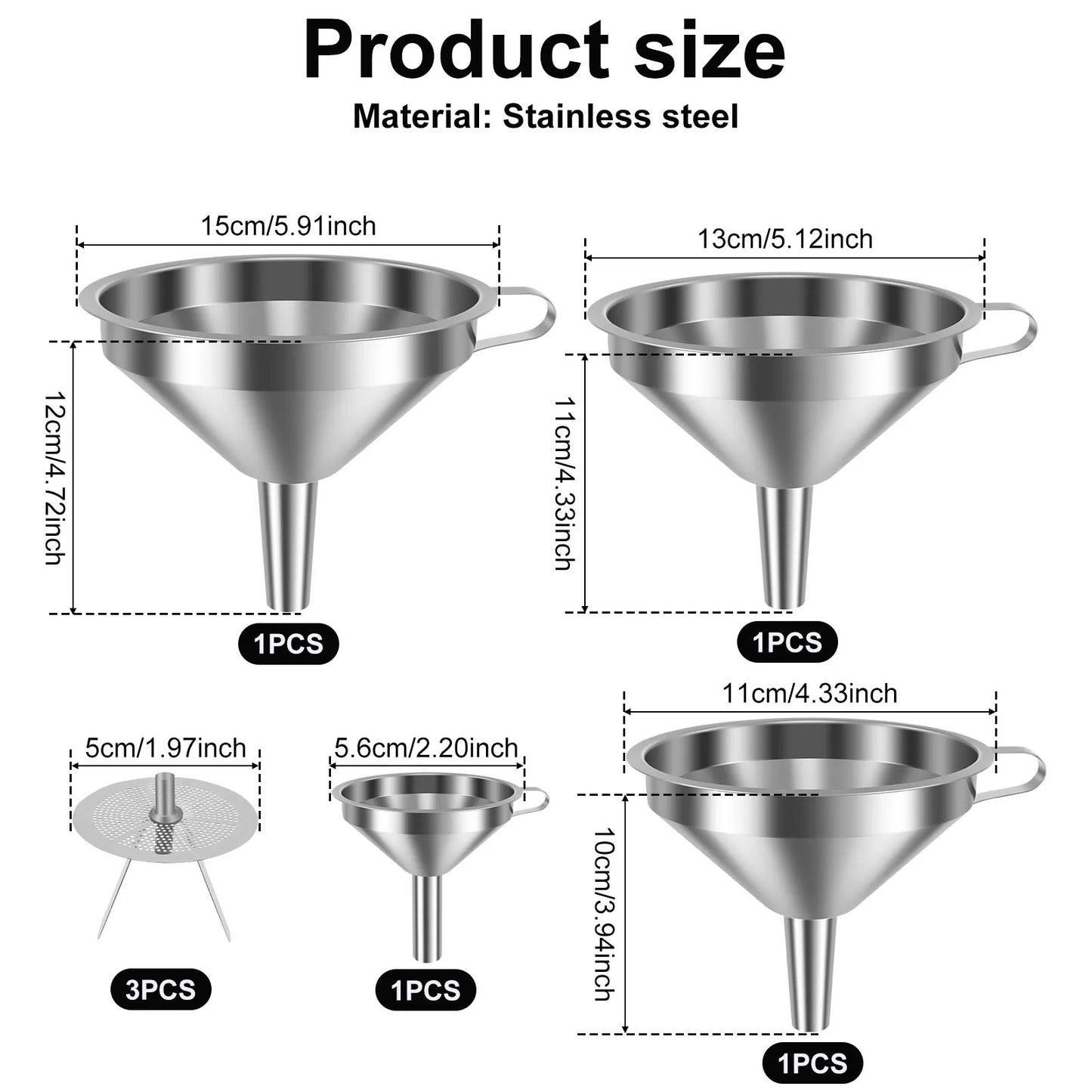 Tejesa 4Pcs Stainless Steel Funnel Kitchen Funnel with 3 Removable Strainer for Transferring Liquid Oils Jam Dry Ingredients and Powder