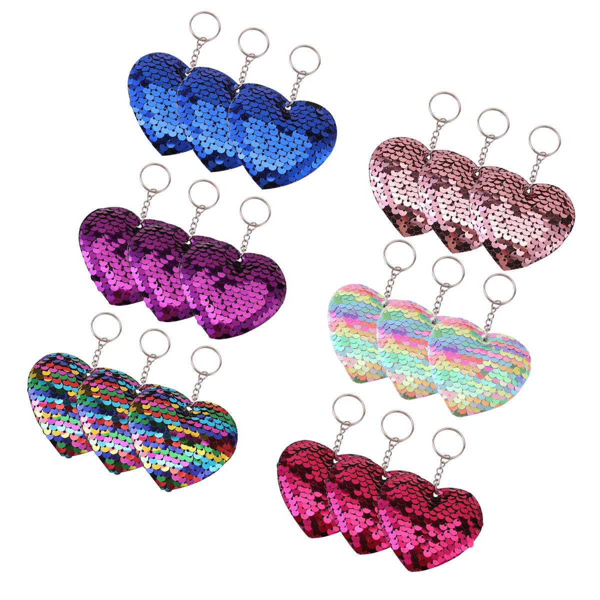Hemasa 18 Pcs Sequin Flip Heart Keychains, Colorful Sequins Keyring Charms For Backpacks