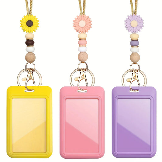 Hemasa  Daisy Breakaway Neck Teacher Lanyard for ID Badge Holder Keys Keychain Name Card Holder Silicone Beads Neck Strap Key Ring